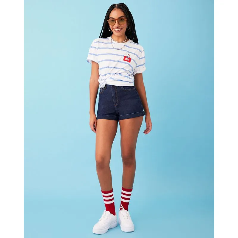 Short Jeans Feminino Curto Barra Dobrada Hot Pants Azul 40