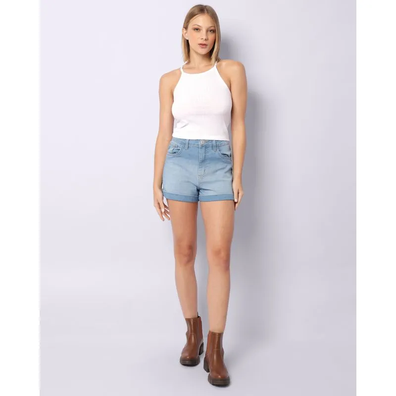 Short Jeans Feminino Curto Barra Dobrada Azul 46