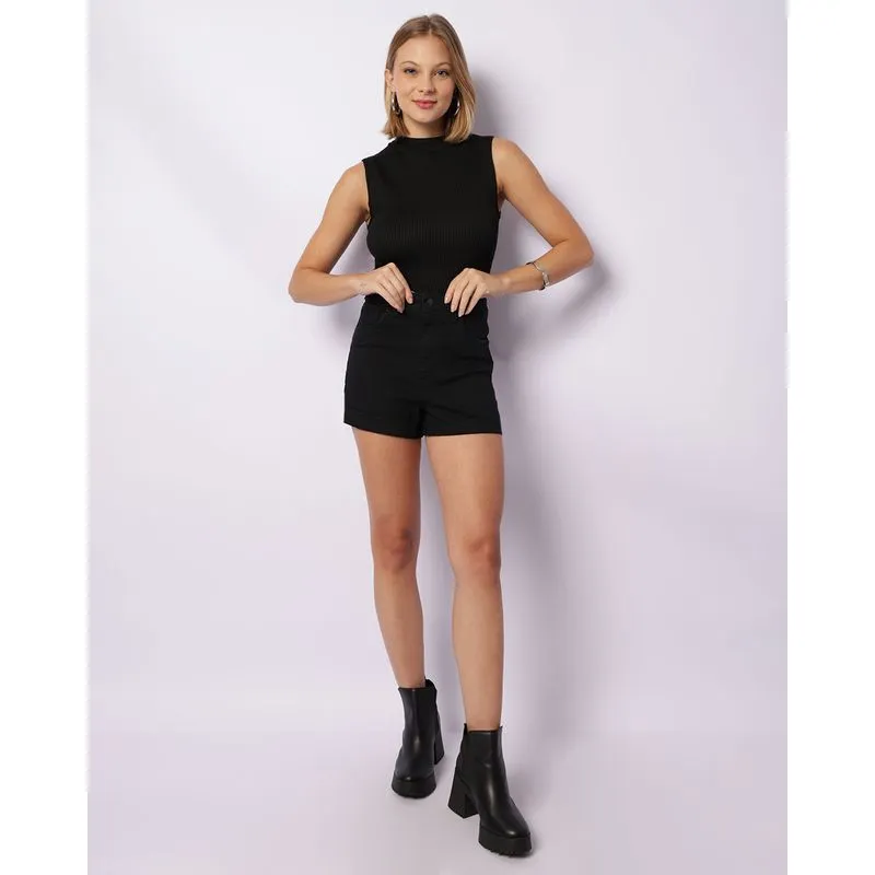 Short Jeans Feminino Curto Barra Dobrada Hot Pants Preto 38