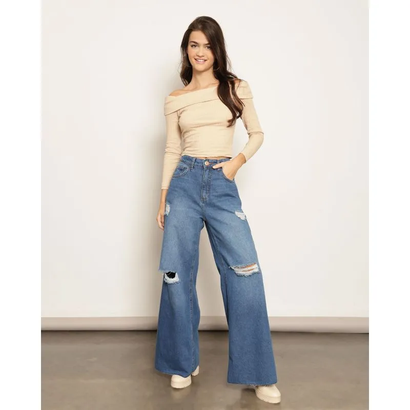 Calça Jeans Feminina Wide Leg Com Destroyeds Azul 36