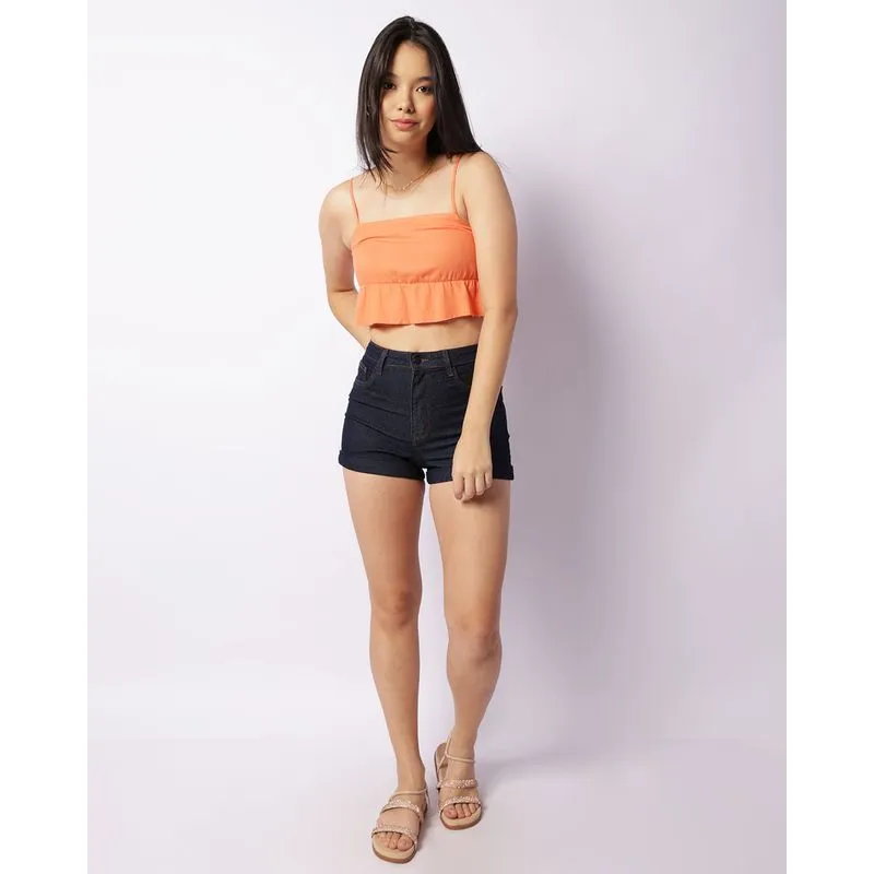 Short Jeans Feminino Hot Pants Barra Dobrada Azul 46