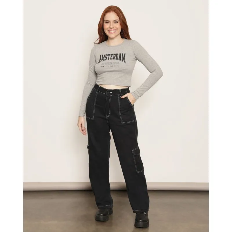 Calça Sarja Feminina Bolso Cargo Carpinteiro Preta 36