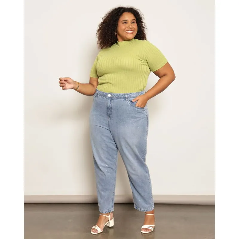 Calça Jeans Plus Size Feminina Mom Com Brilhos Azul 50
