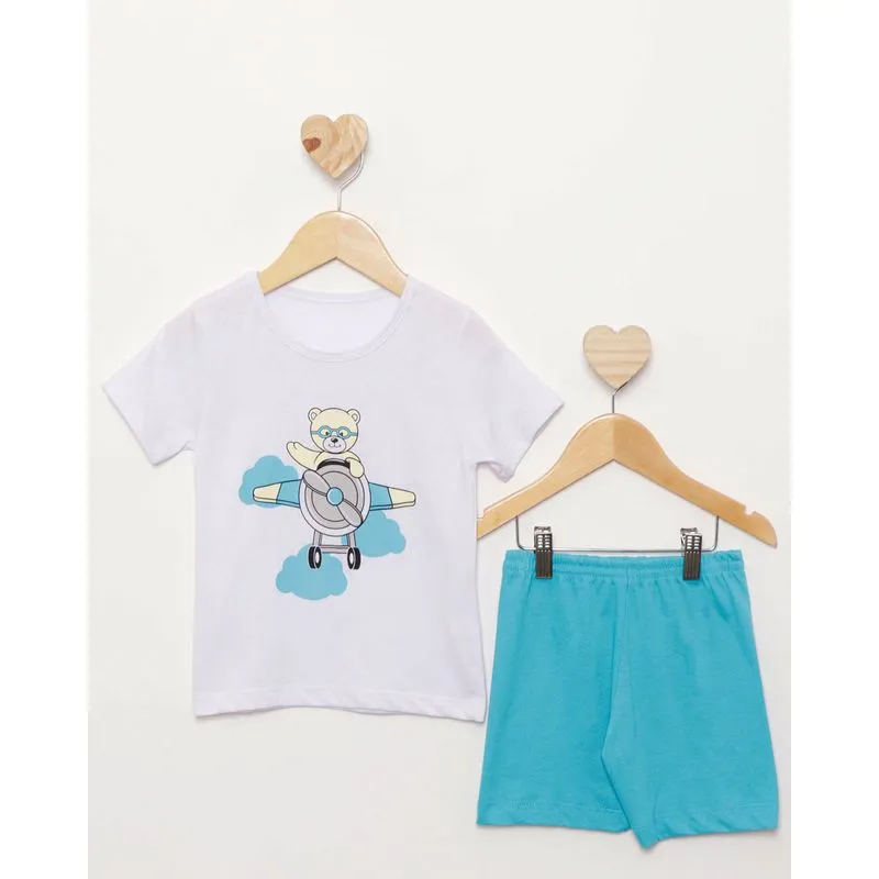 Pijama Bebê Curto Estampa Ursinho Aviador Azul 3