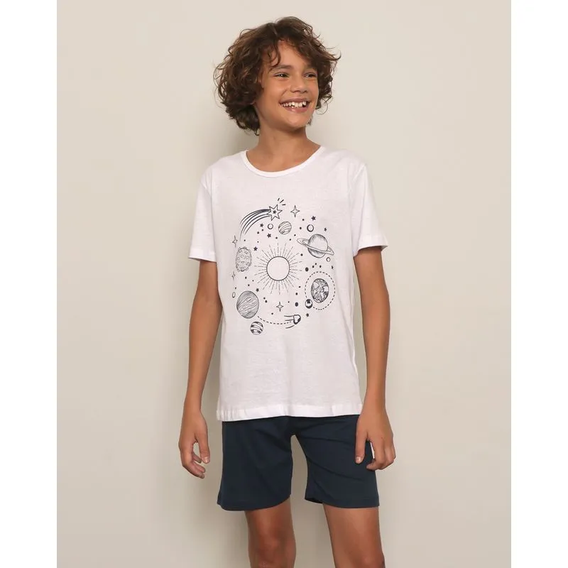 Pijama Infantil Curto Estampa Frontal Planetas Marinho 14