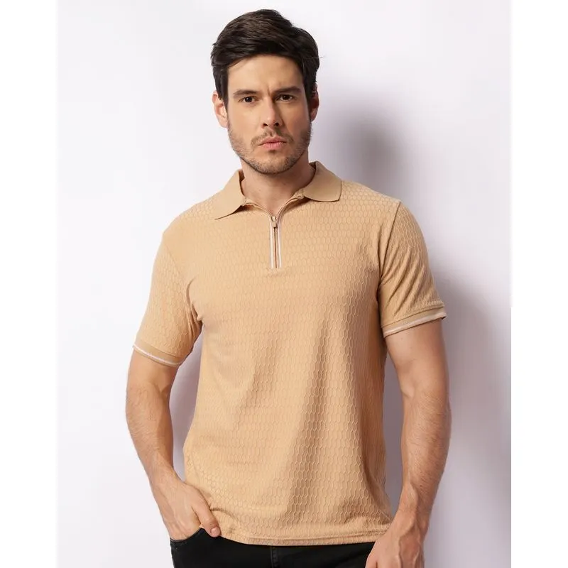 Camisa Polo Masculina Manga Curta Maquinetada Bege P