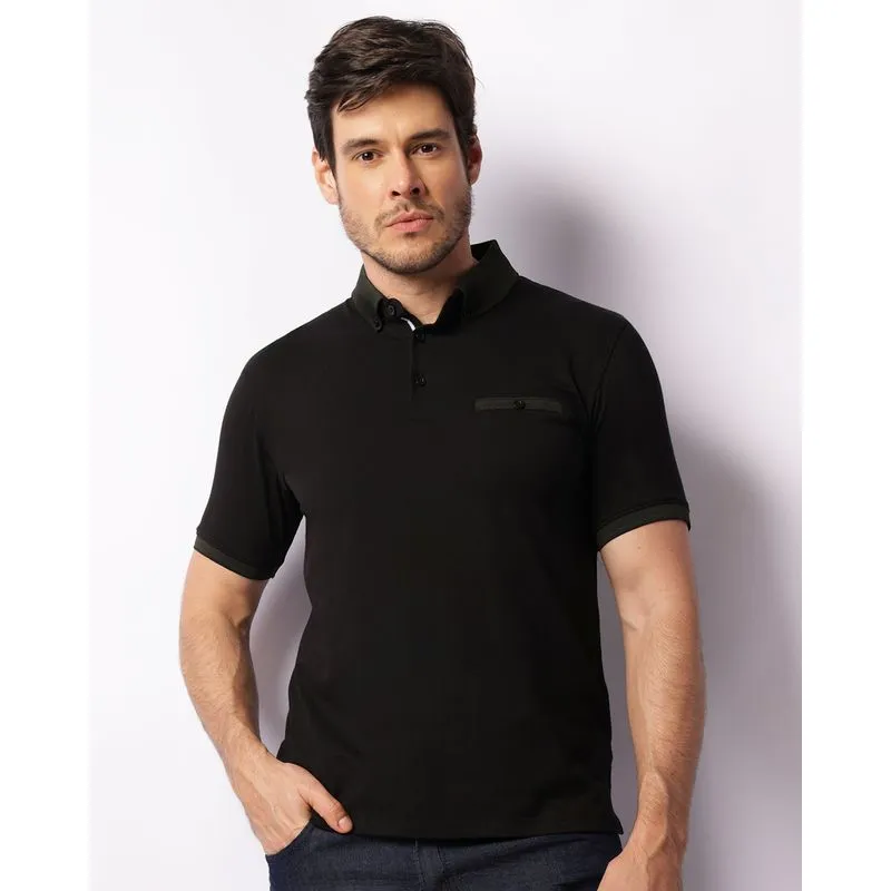Camisa Polo Masculina Manga Curta Com Bolso Ribana Preta P