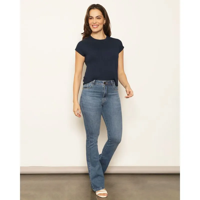 Calça Jeans Feminina Flare Com Bolsos Azul 40