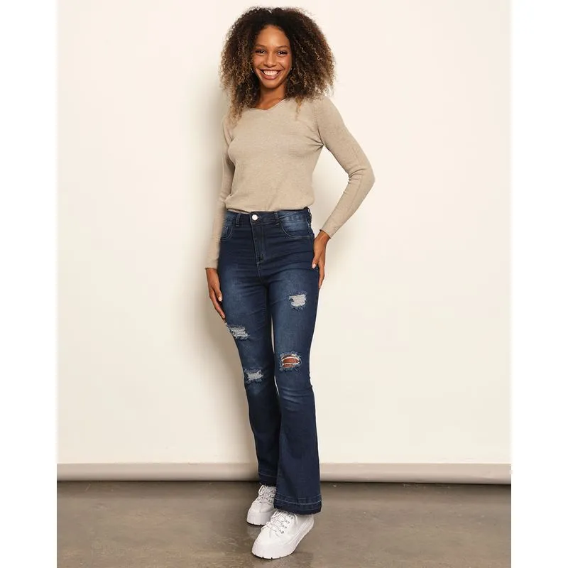 Calça Jeans Feminina Flare Destroyeds Azul 42