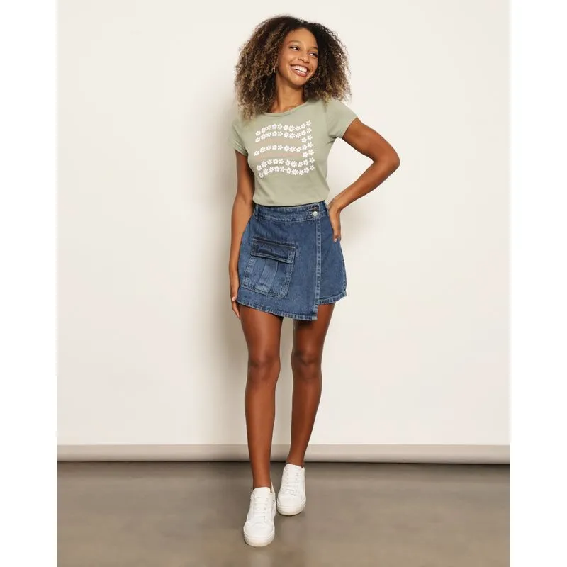 Short Saia Jeans Vizzy Feminino Bolso Cargo Azul 40