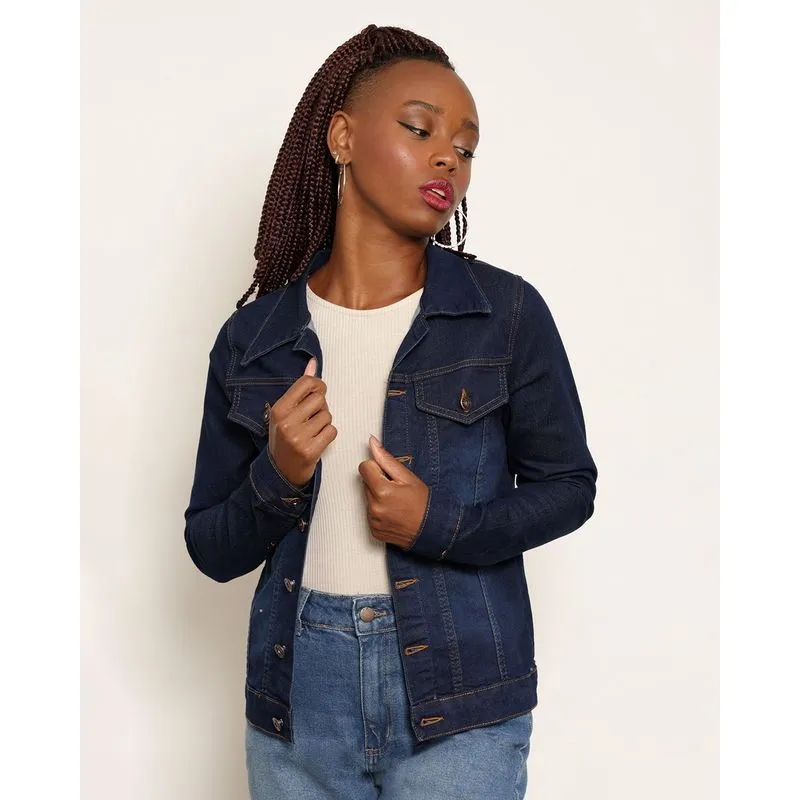Jaqueta Jeans Feminina Manga Longa Com Bolso Azul M