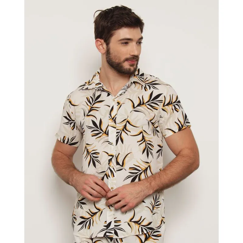 Camisa Masculina Manga Curta Viscose Estampa Folhagem Bege G