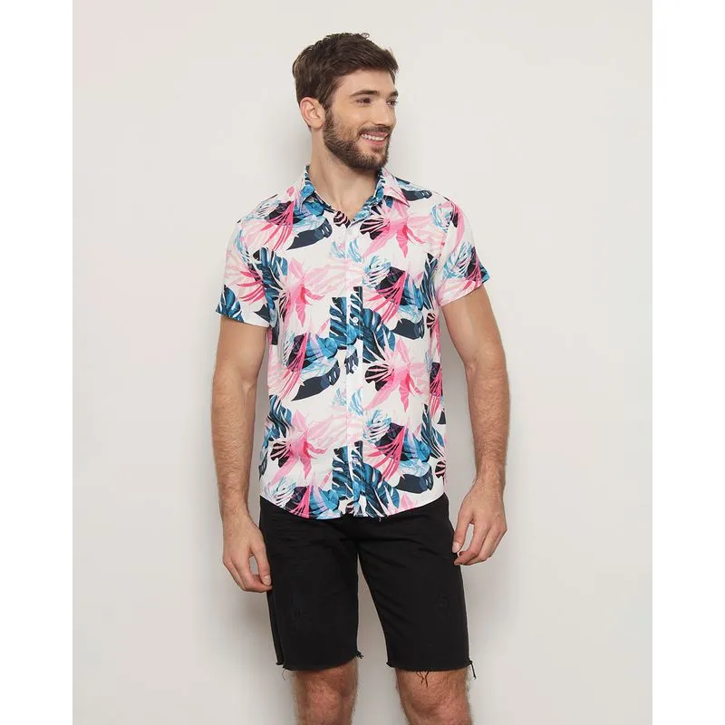 Camisa Masculina Viscose Manga Curta Estampa Folhagem Branca GG