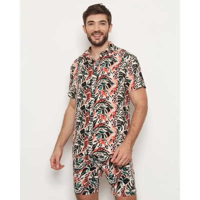 Camisa Masculina Manga Curta Viscose Estampada Bege P