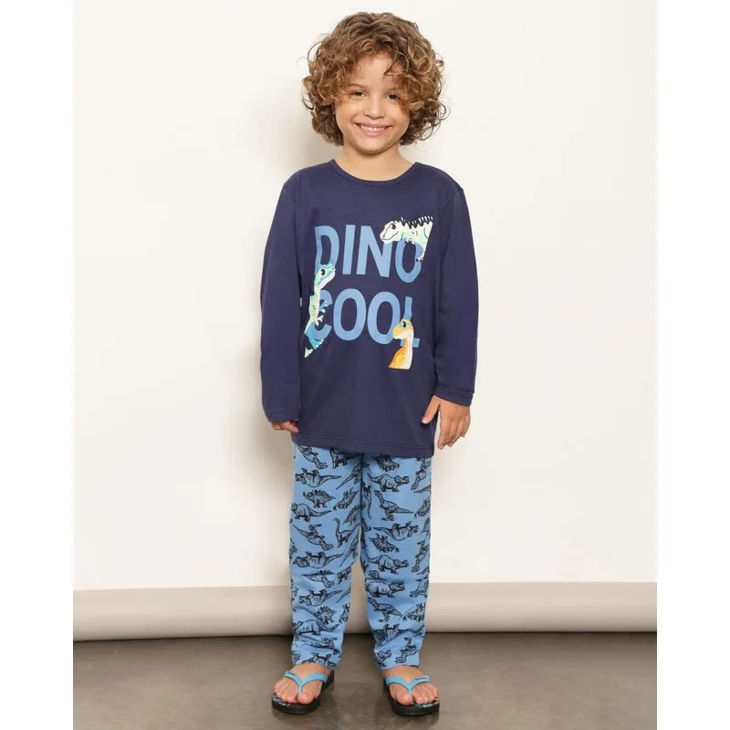 Pijama Infantil Longo Estampa Dinossauro Manga Longa Marinho 4
