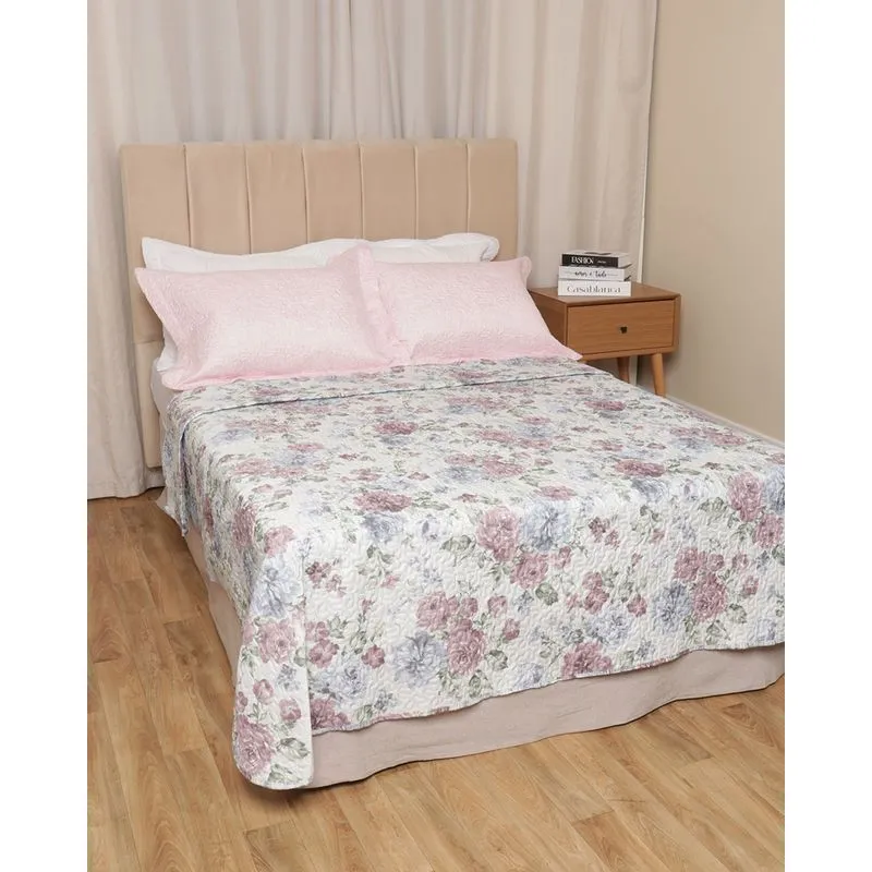 Colcha Casal Matelassê com Viés Andreza Basic Estampa Floral Cinza UN