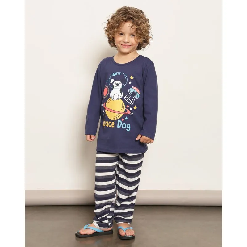 Pijama Infantil Longo Estampa Space Dog Manga Longa Marinho 6