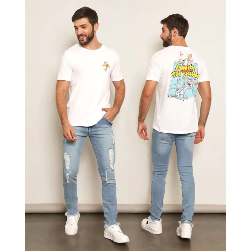 Camiseta Masculina Cartoon Pink E Cérebro Oversized Branca G