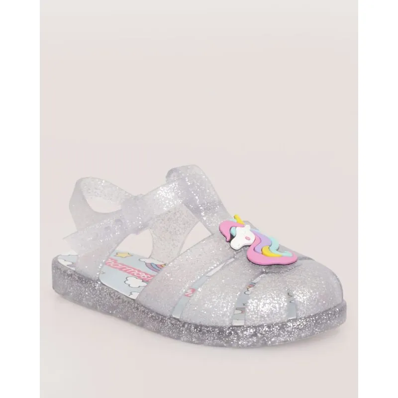 Sandália Bebê Tiras Com Glitter E Aplicação Unicórnio Prateada 19/20