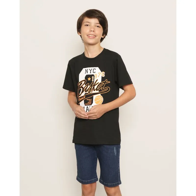 Camiseta Juvenil Estampa Frontal Basket Ball Manga Curta Preta 14