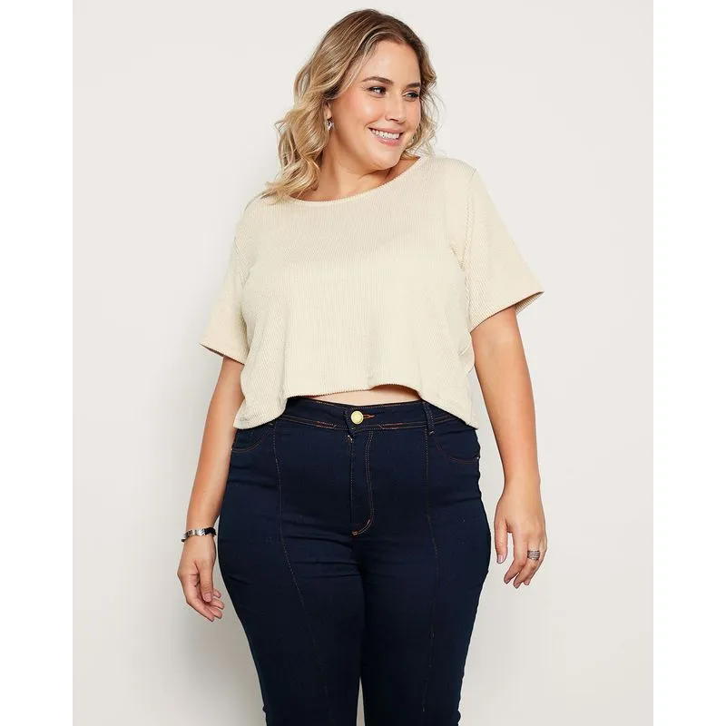 Blusa Plus Size Feminina Cropped Manga Curta Textutizada Bege G3