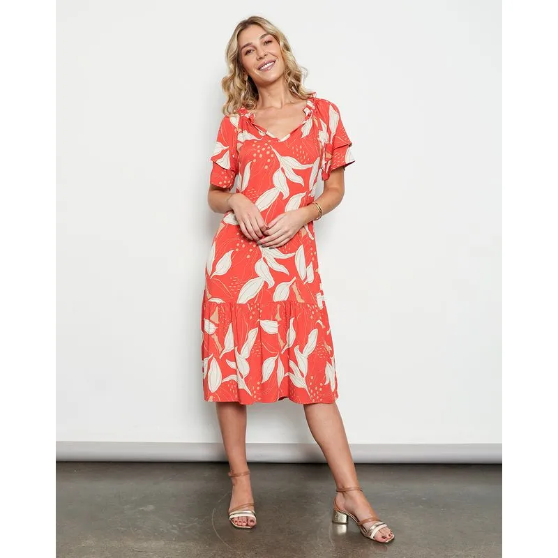 Vestido Feminino Midi Viscose Estampado Laranja P