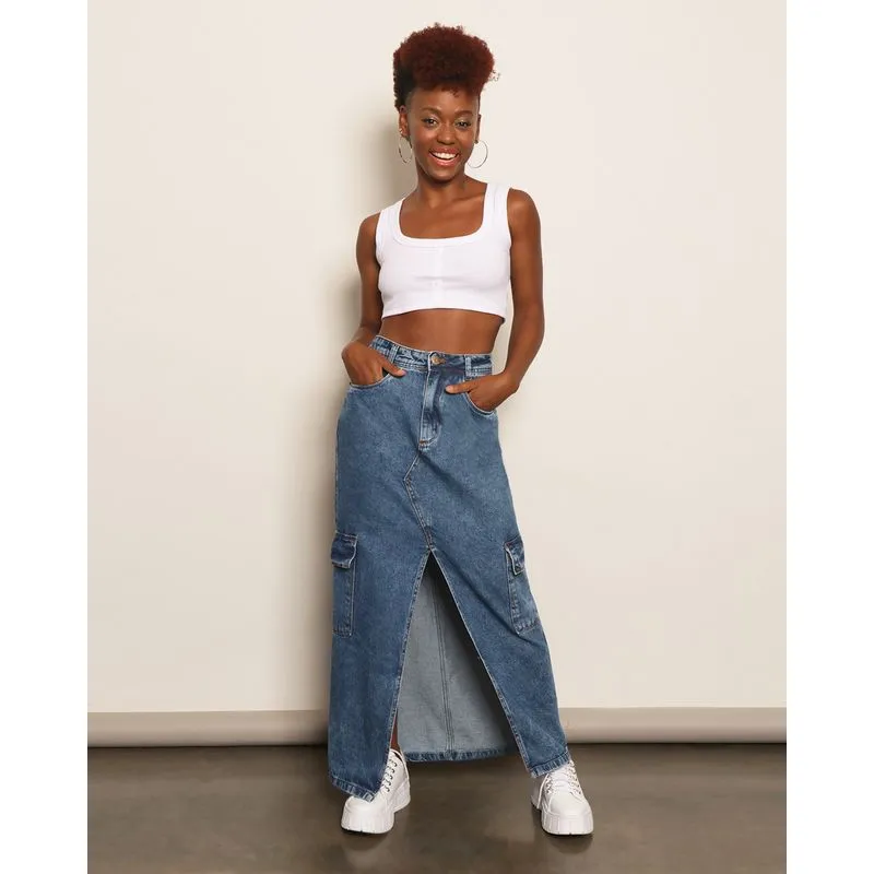 Saia Jeans Feminina Marmorizada Midi Bolso Cargo Azul 44