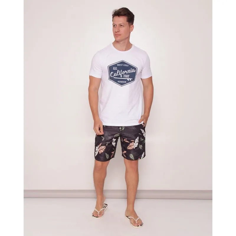 Bermuda Masculina Surf Bolso Frontais Estampa Tropical Com Cordão Ajustável Preto P