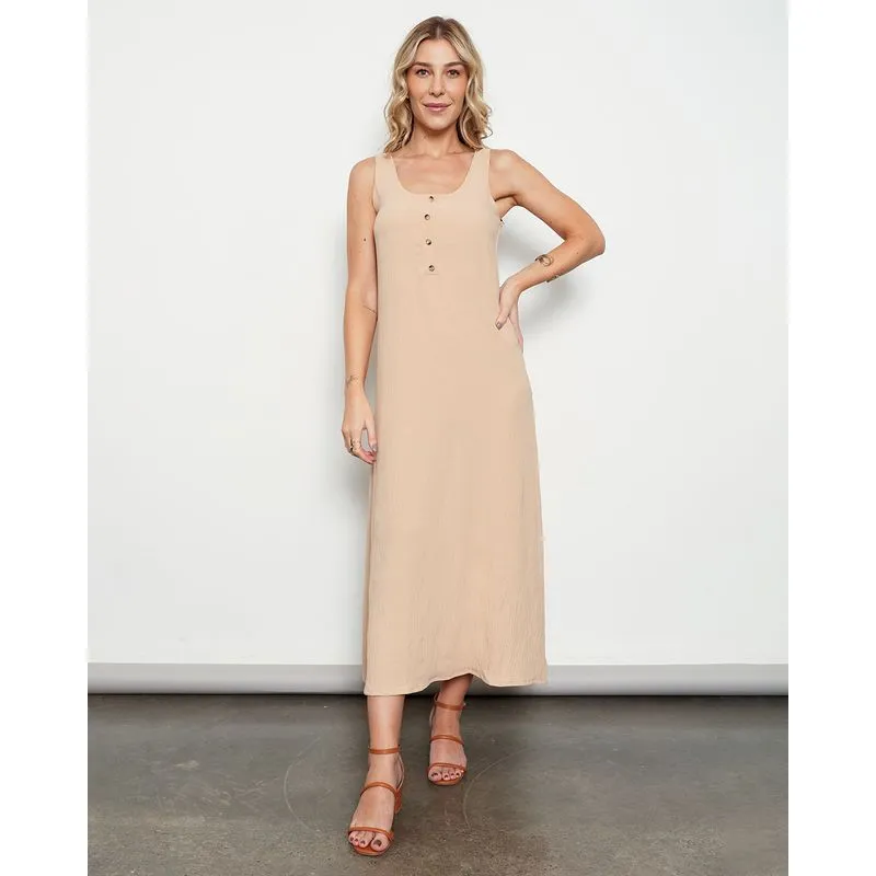 Vestido Feminino Longo Duna Com Botões Frontal Decorativo Bege M