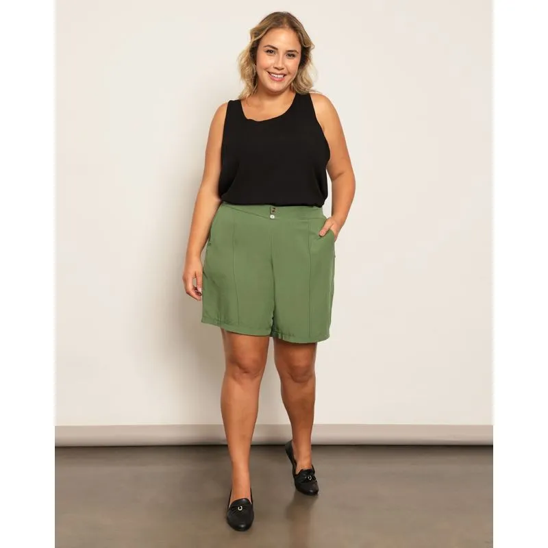 Short Plus Size Feminino Curto Viscose Com Botões Verde G2