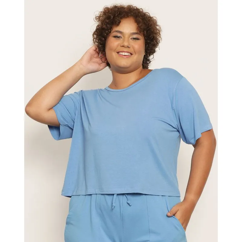 Blusa Plus Size Feminina Manga Curta Lisa Azul G3