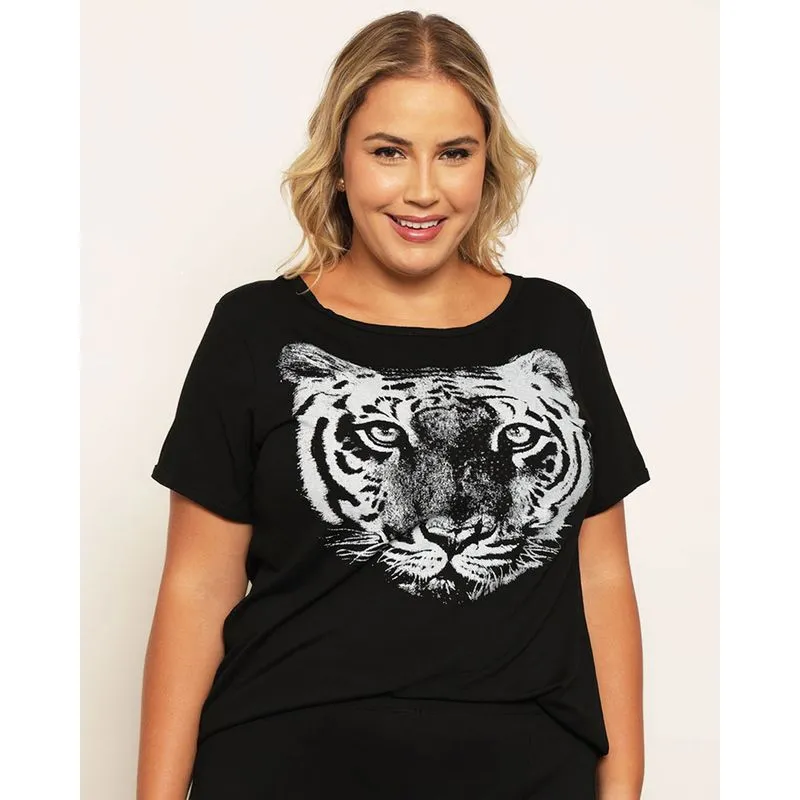 Blusa Plus Size Feminina Manga Curta Estampa Com Strass Preta G2