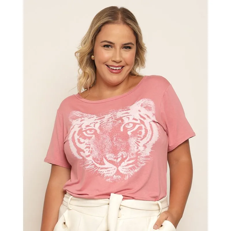 Blusa Plus Size Feminina Manga Curta Estampa Com Strass Rosa G1