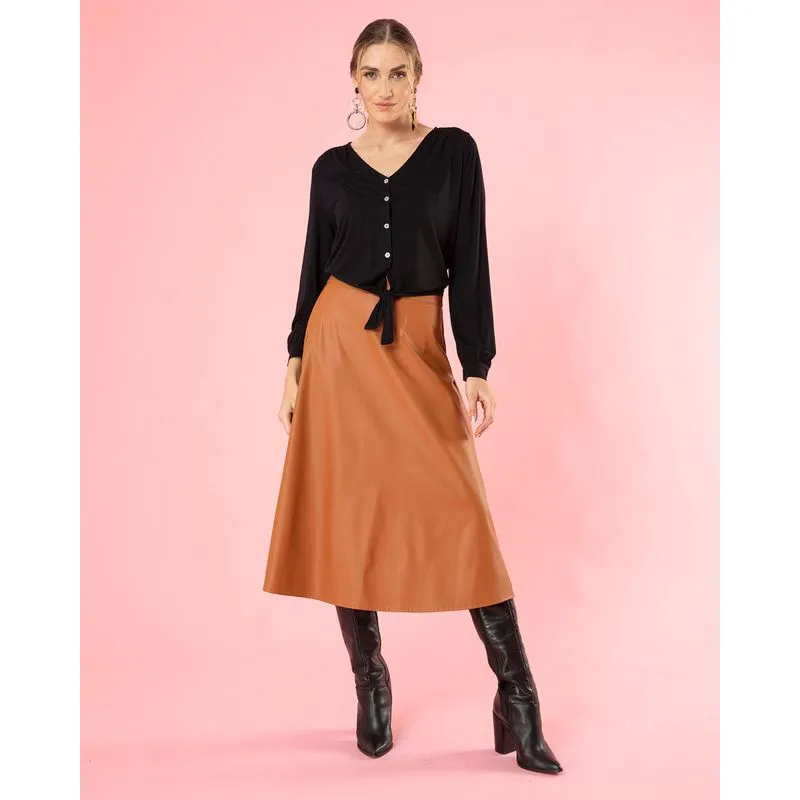 Saia Feminina Midi Cirrê Evasê Marrom G