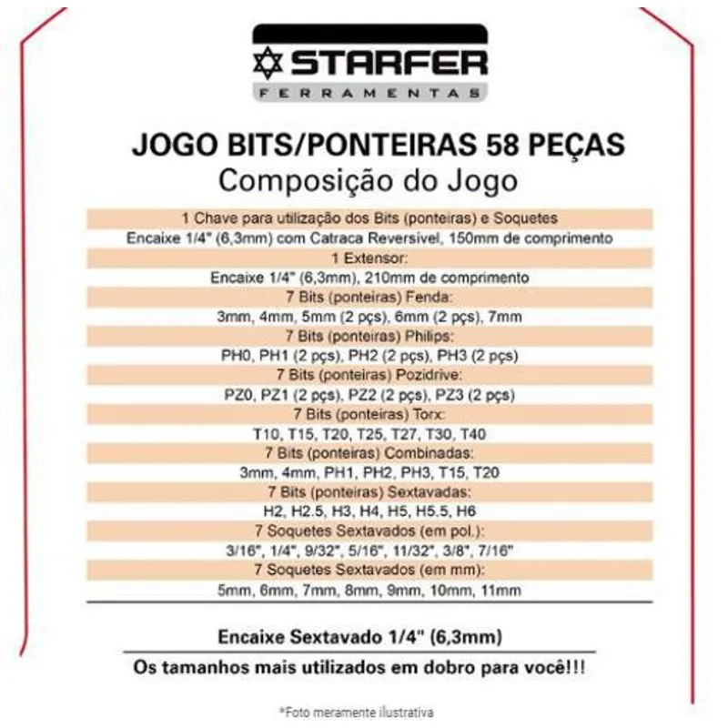 Jogo De Bits (ponteiras) E Soquete 1/4 58 Peças Starfer