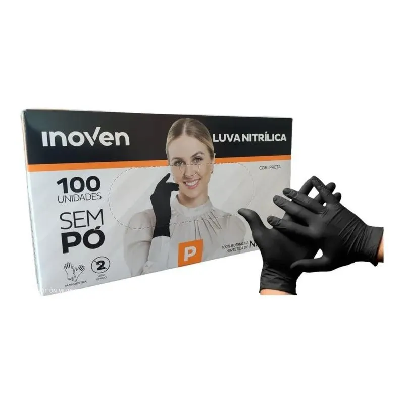 10x Luva Nitrílica Sem Pó Preta Tamanho P Inoven - 100 Peça