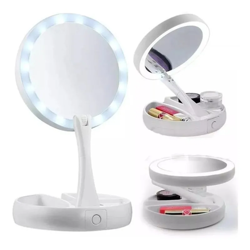 Espelho Maquiagem Aumento 10x Dupla Face Luz Led Organizador