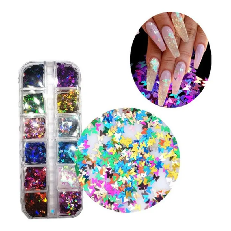 Kit Glitter Borboleta Holográfico Unhas Decoração Porcelana