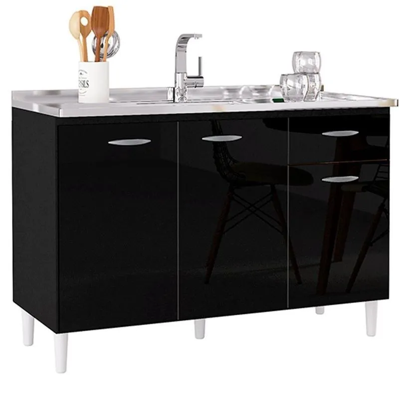 Balcao Pia 120cm 3 Portas 434 Preto Poqq Preto