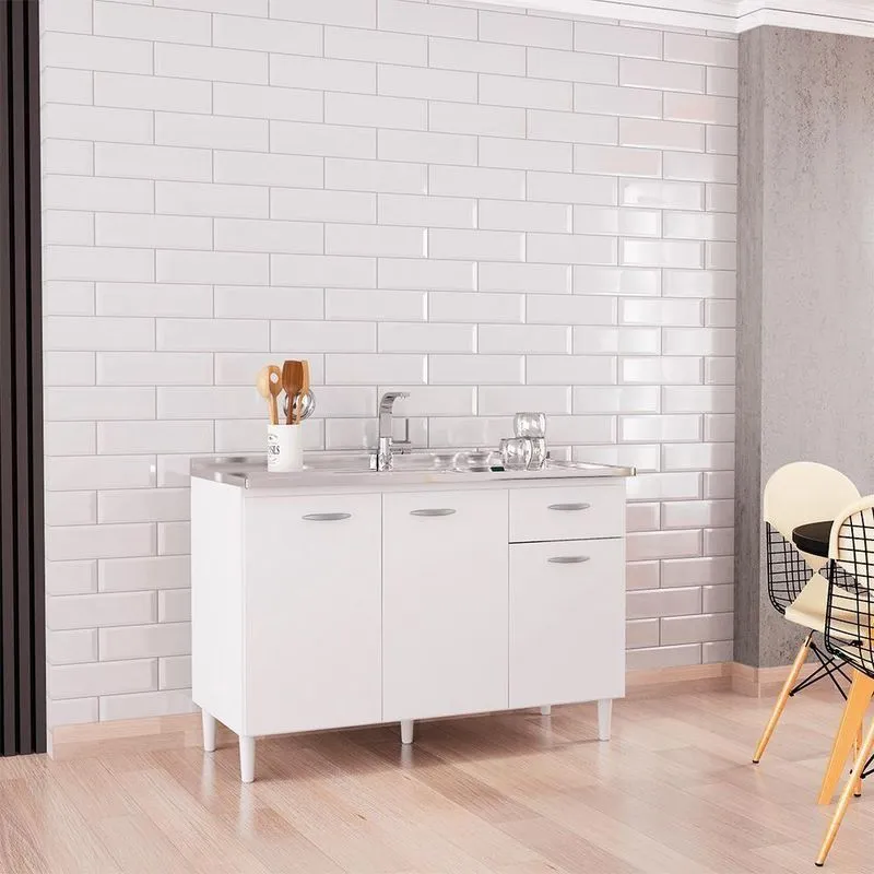 Balcao Pia 120cm 3 Portas 434 Branco Poqq Branco