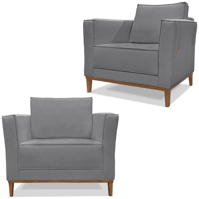 Kit 2 Poltronas Decorativas Balli Pes Madeira Linho Cinza Ezz Cinza