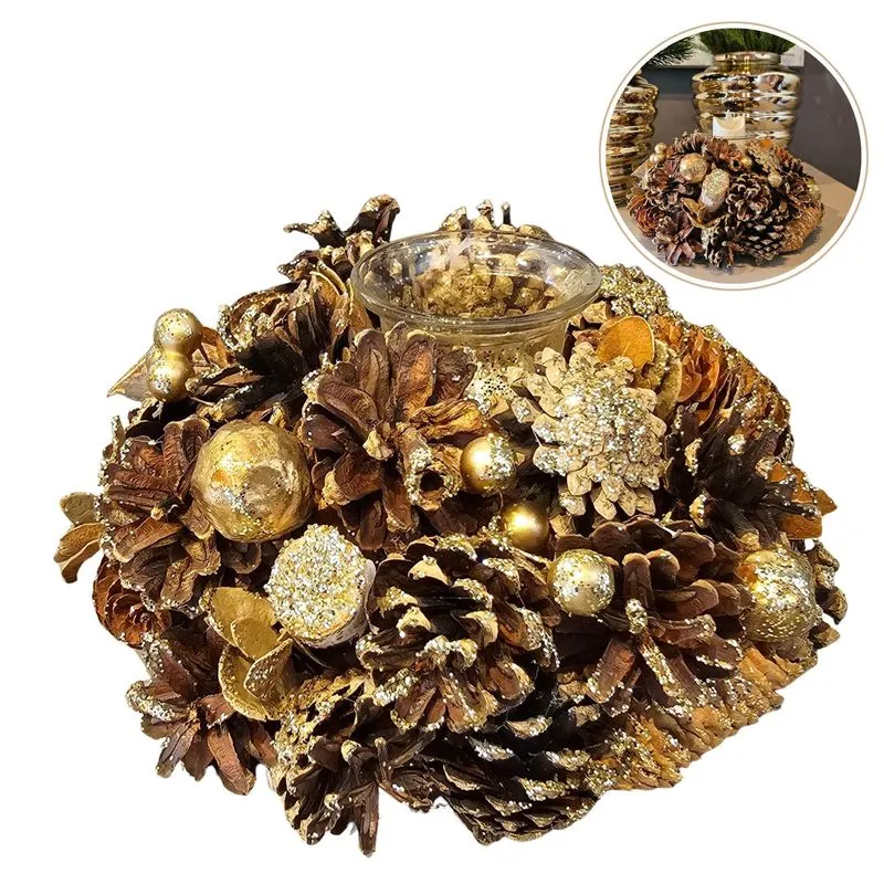Castiçal Natalino Pinhas Dourado Para 1 Vela Decoração Natal