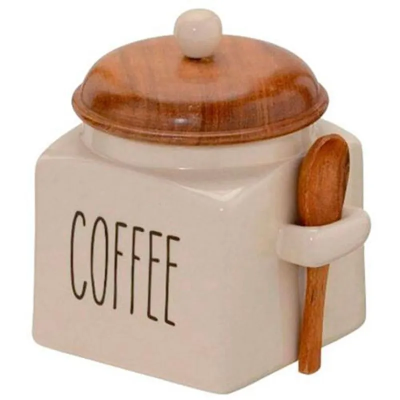 Porta Café Em Cerâmica Com Colher De Madeira Bege 10x11 Cm