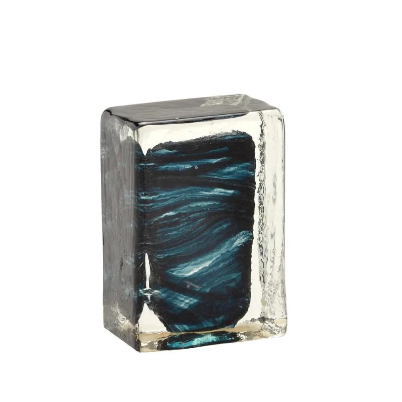 Escultura decorativa bloco em vidro azul/transparente 12,5cm