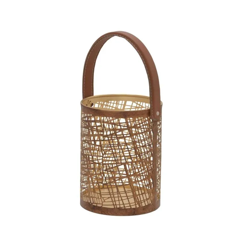 Lanterna decorativa em metal E sisal dourado E marrom 20cm
