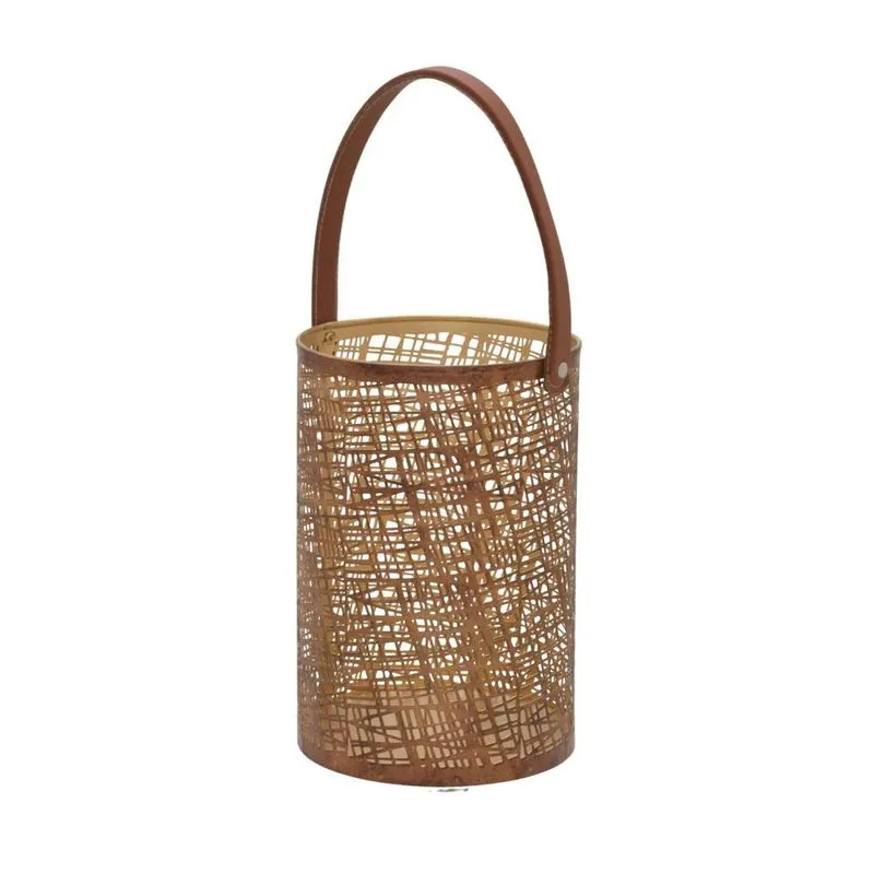 Lanterna decorativa em metal E courino dourado/marrom 30cm