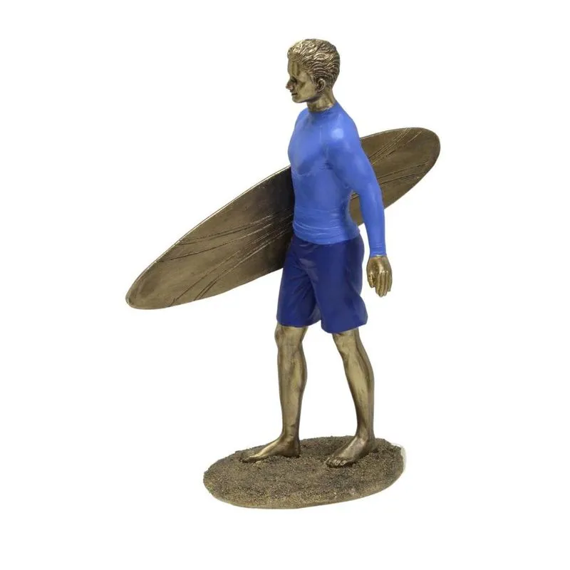 Escultura surfista homem em resina azul E dourado - 26cm