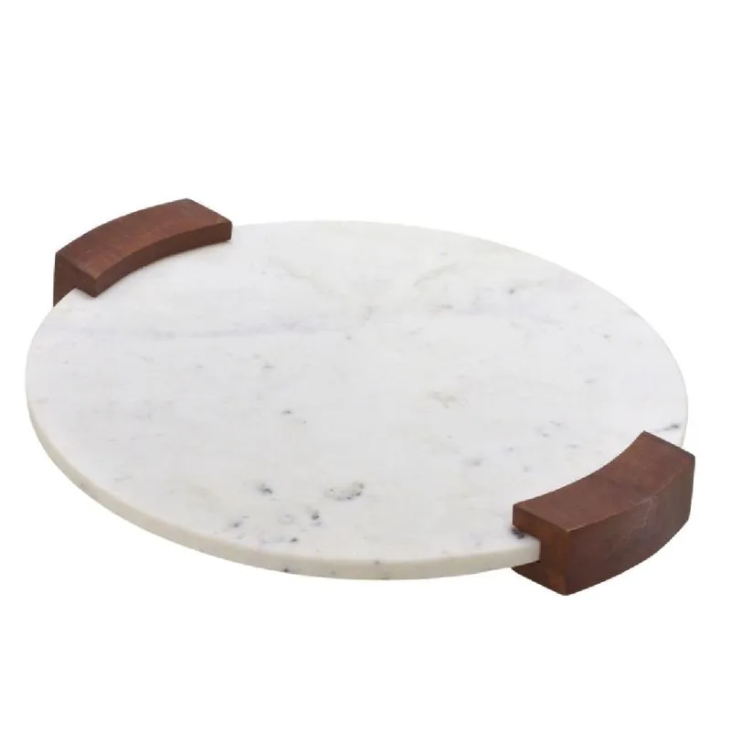 Bandeja decor em madeira E marmore branca E marrom 44,5cm