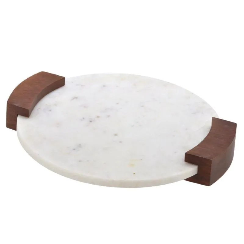 Bandeja decorativa em madeira E marmore branco 34CM