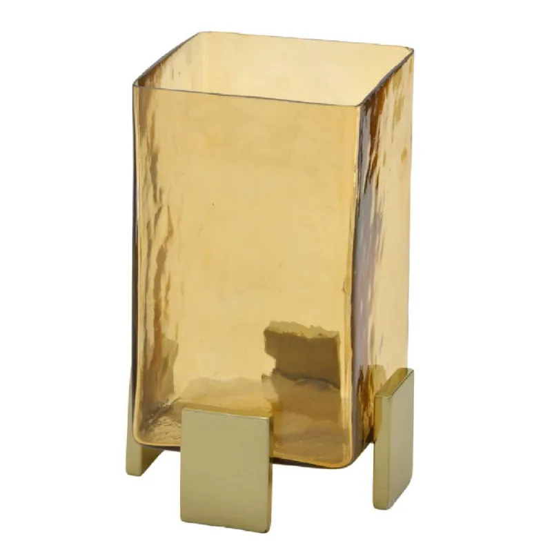 Vaso candelabro decorativo em aço inox E vidro dourado 23,5CM